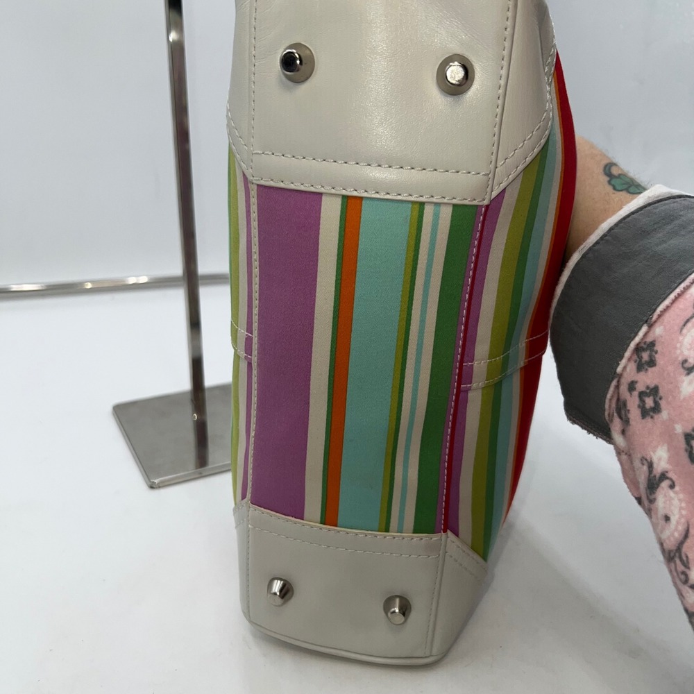 Coach Hampton Multicolor Canvas White Leather Trim Stripes Satchel Tote Bag - Picture 11 of 14